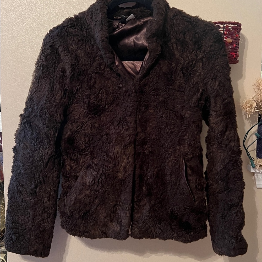 H&M Divided Faux fur jacket/coat chocolate brown Fully lined Hook closure
